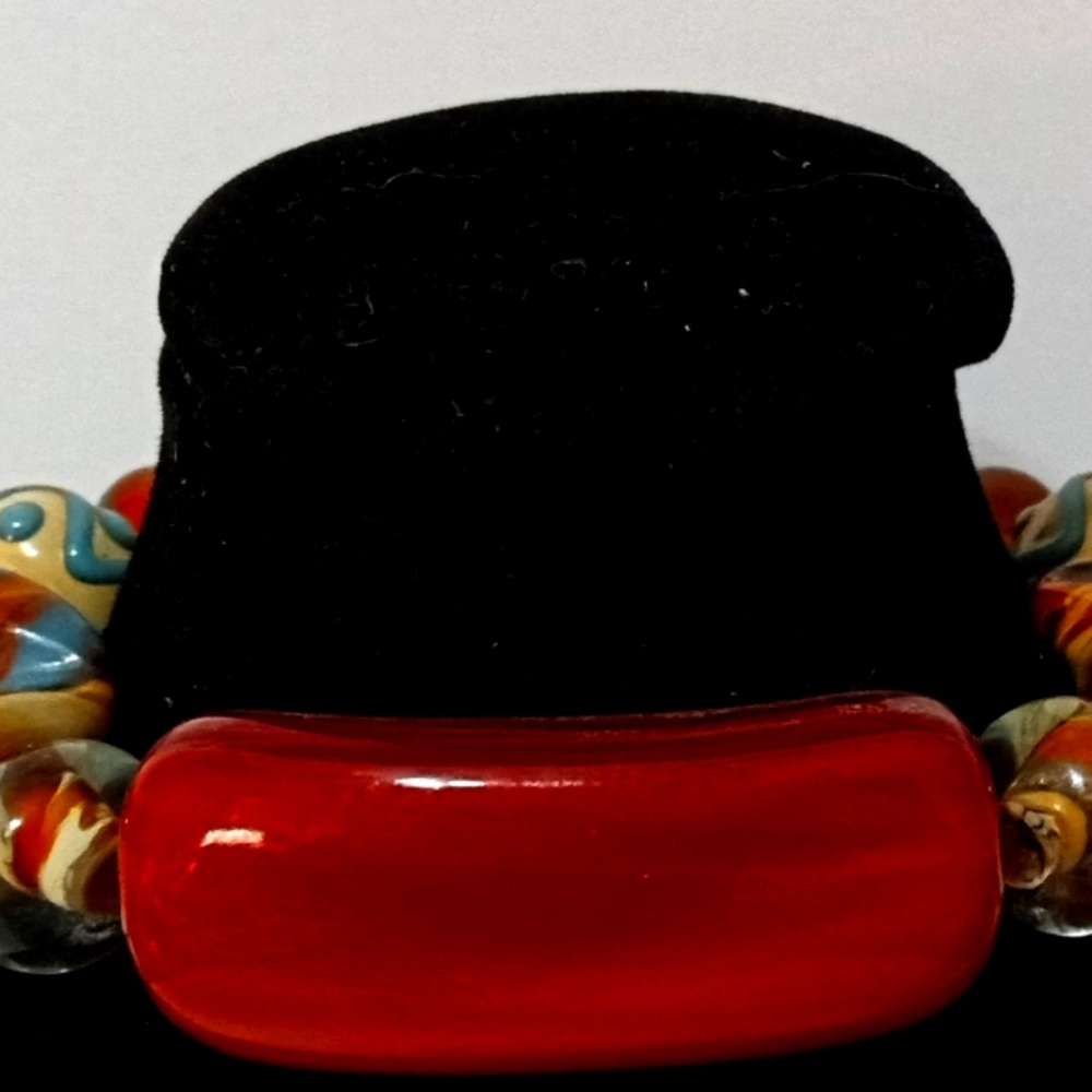 Southwest Style Lampwork Art Glass Multi Beaded Bar Tag Stretch Bracelet